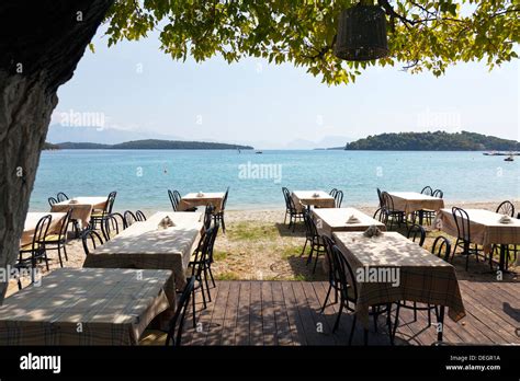 Typical Taverna Restaurant By Beach Coast Sea Nydri Nidri Lefkas Stock