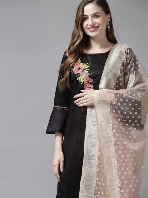 Buy Indo Era Women Black Floral Embroidered Liva Kurta With Palazzos