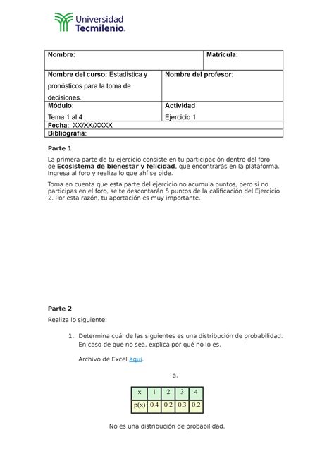 Estadística y pronósticos para la toma de decisiones Ejercicio 1