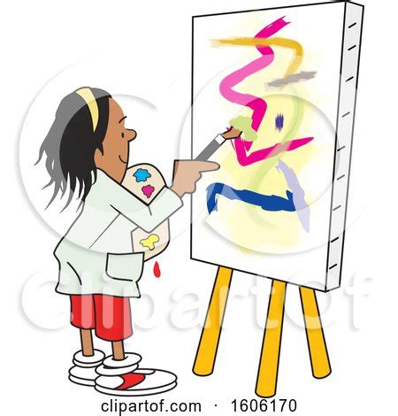 Clipart Of A Cartoon Female Artist Painting An Abstract On A Canvas