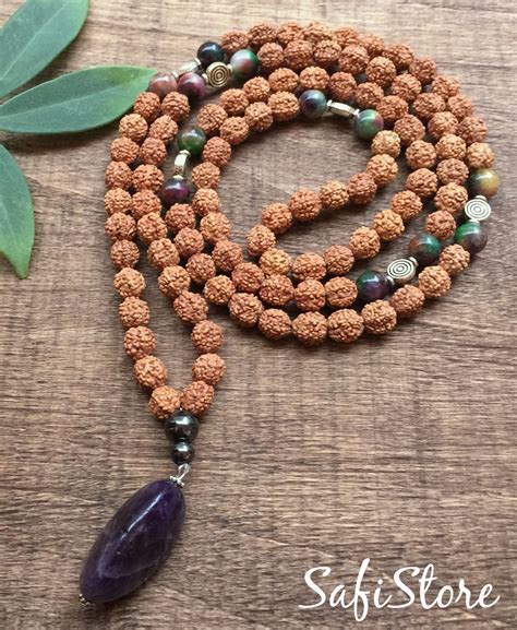 Agate And Rudraksha Mala Beads Necklace With Tumbled Amethyst The