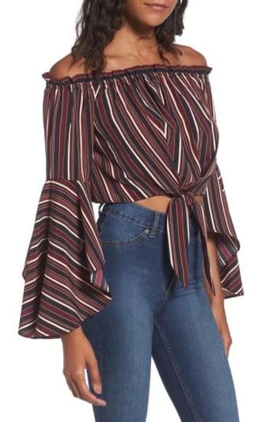 Band Of Gypsies Stripe Off The Shoulder Crop Top In Burgundy Modesens