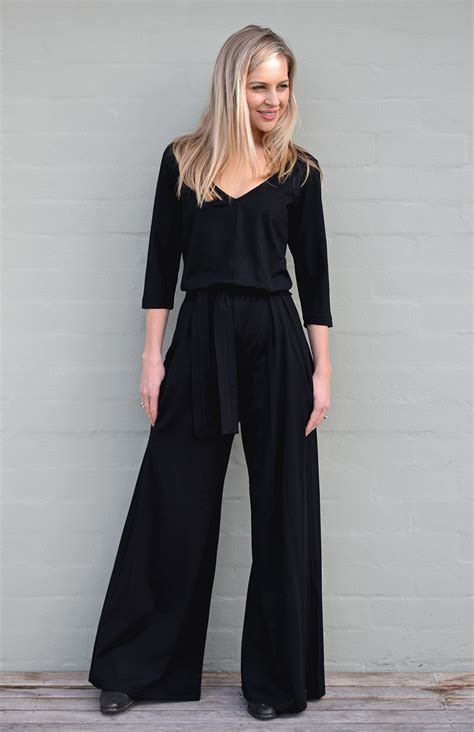 Victoria Jumpsuit 3 4 Sleeve Black Womens Black Merino Wool