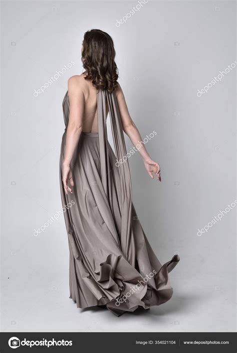 Portrait Pretty Brunette Girl Wearing Long Silver Evening Gown Full Stock Photo By Faestock