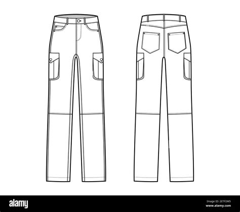 Set Of Jeans Cargo Denim Pants Technical Fashion Illustration With Low Waist Rise Pockets