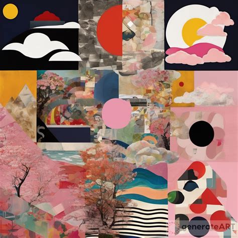 Dadaism Collage Art Waves Sun Clouds And Pink Landscapes Generateart