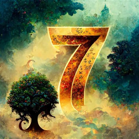 Number 7 with Tree and Leaves on Abstract Background. 3D Illustration ...