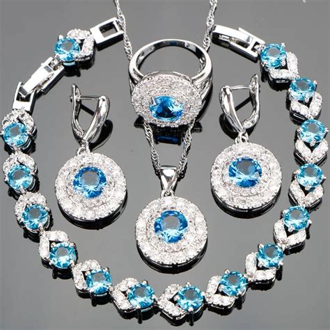 New Silver 925 Bridal Costume Jewelry Sets Blue Zircon Women Bracelets