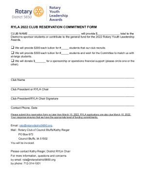 Fillable Online RYLA 2022 CLUB RESERVATION COMMITMENT FORM NET Fax