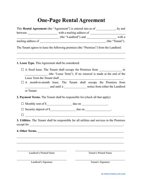 One Page Rental Agreement Template Fill Out Sign Online And Download