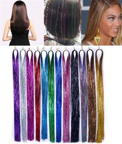 3bag1800pcs 47inch Long Sparkling Shiny Hair Tinsel Extensions Colored