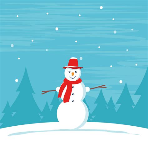 Cartoon cute snowman in a cap and scarf on snowy christmas winter background. Vector ...