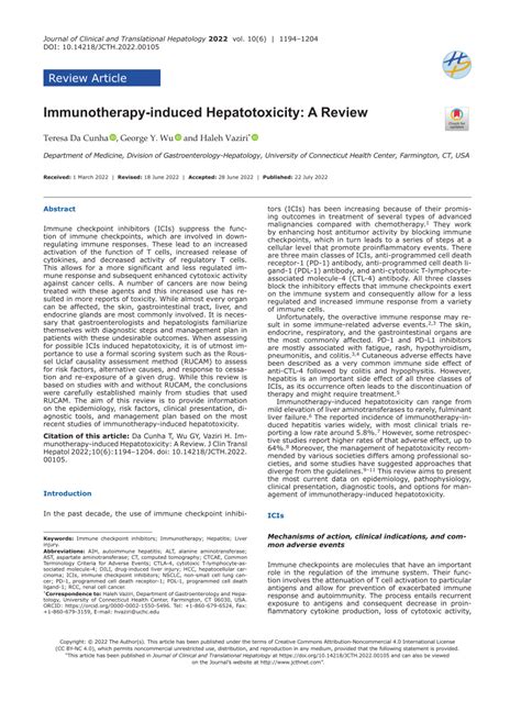 Pdf Immunotherapy Induced Hepatotoxicity A Review