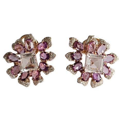 Morganite Pink Sapphire And Diamond Earrings Set In 18K Rose Gold