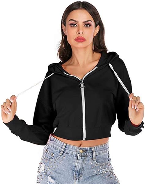 Womens Crop Top Hooded Sweatshirts Long Sleeve Drawstring Zip Up Hoodie Black M At Amazon