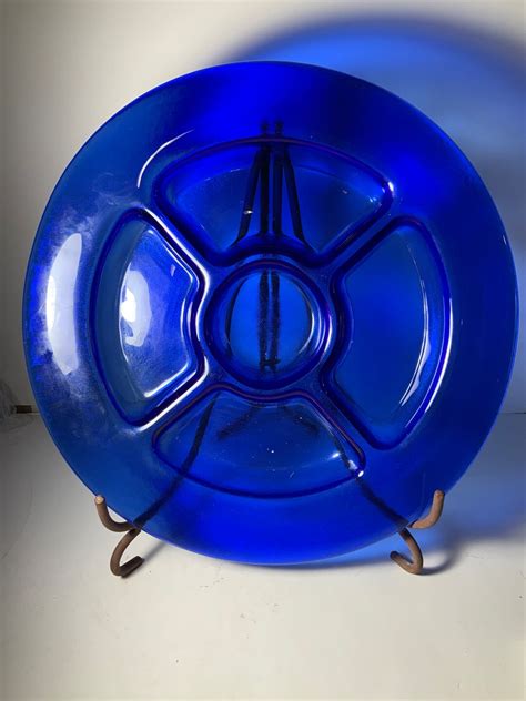 Vintage Cobalt Blue Heavy Glass Divided Dish Made In France 135 In Etsy