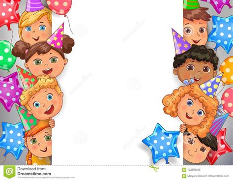 Birthday Vector Design Banner White Blank With Faces Cute Kids Stock