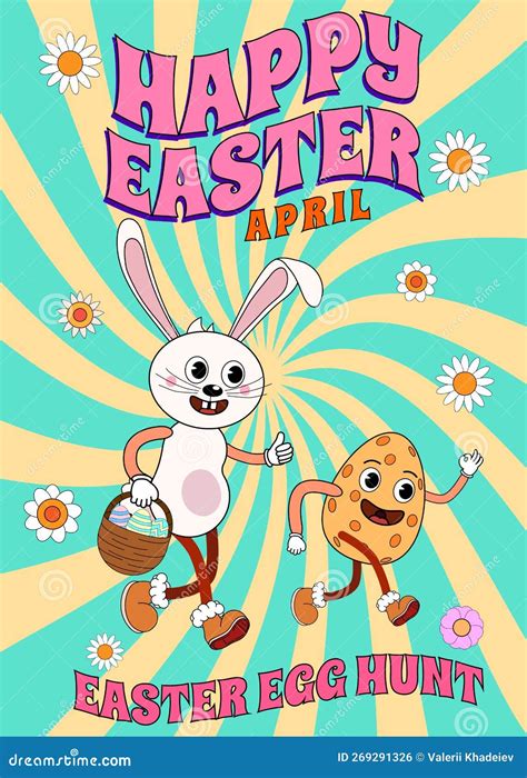 Happy Easter Groovy Cartoon Poster Retro Funny Bunny With Egg Easter Egg Hunt Stock