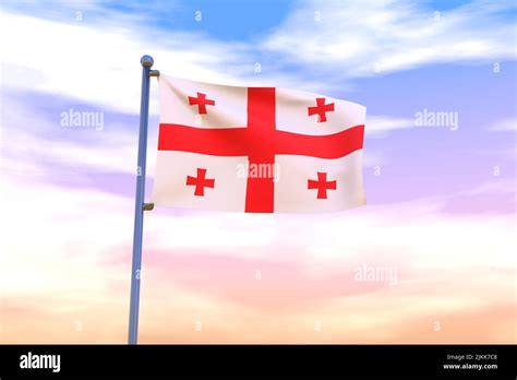 Waving Flag Of Georgia With Chrome Flag Pole In Blue Sky Waving In The