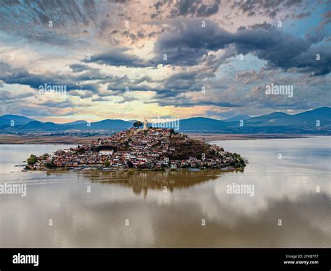 Aerial of the Janitzio island on Lake Patzcuaro, Michoacan, Mexico ...