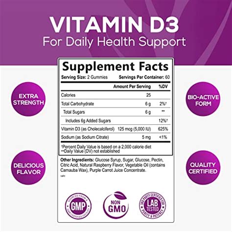 Vitamin D3 Gummies 5 000 IU 125 Mcg Extra Strength To Support Bone