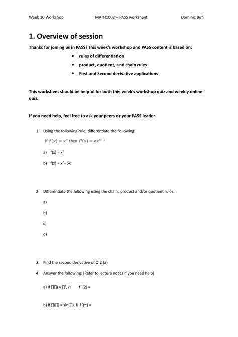 Math1002 Pass Workshop 9 Questions 2023 Week 10 Workshop Math1002 Pass Worksheet Dominic