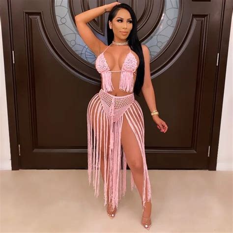 Knitted Bra Top Bikini Set Womens Swimsuit Handemade Crochet Bikini Cover Up Tassel Beach Long