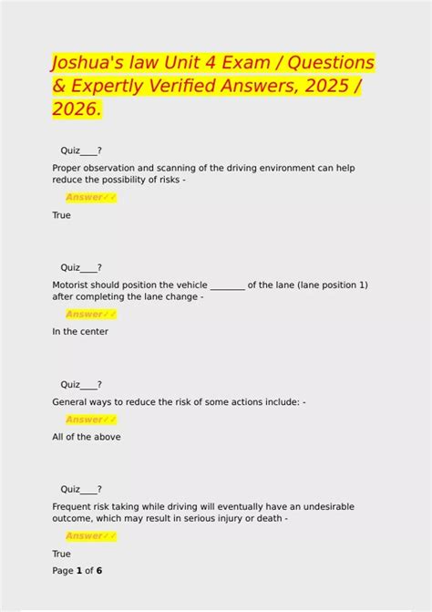 Joshua's law Unit 4 Exam / Questions & Expertly Verified Answers, 2025