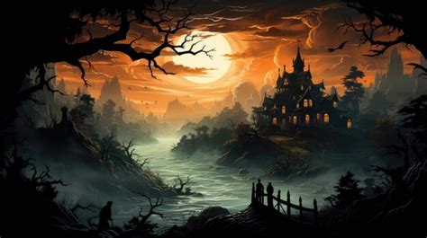 Premium AI Image | a spooky castle is on a hill with a full moon behind it.