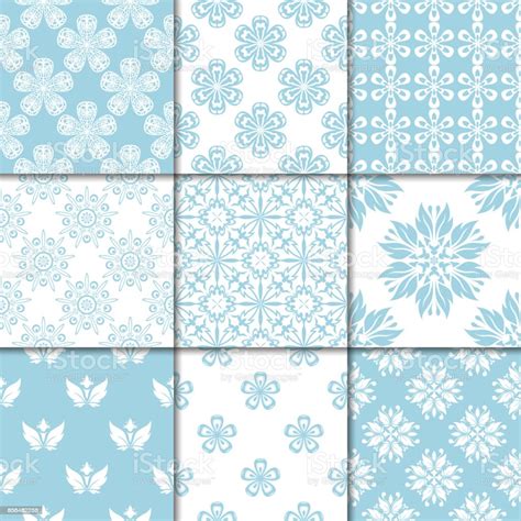 Blue And White Floral Ornaments Collection Of Seamless Patterns Stock