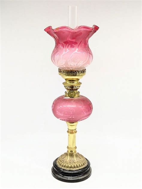 Cranberry Glass Kerosene Lamp With Floral Brass French Burner Lamps