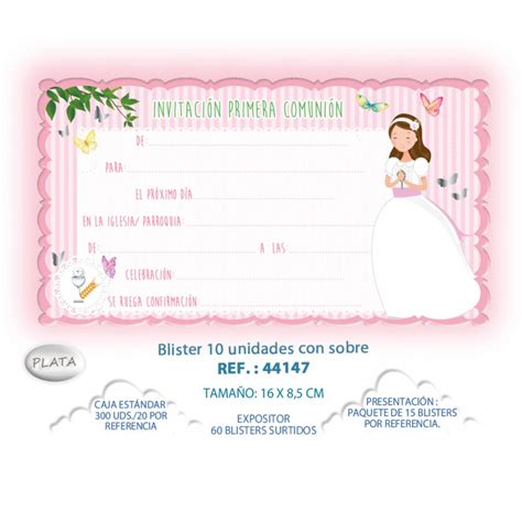 Blister 10 Invitación Sobre Comunión Niña Mariposas