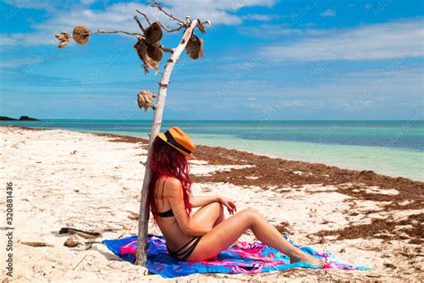 Hot Bikini Girl Resting At Tropical Beach Florida Keys Bahia Honda State Park Stock Photo