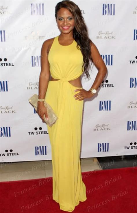 Free Shipping Sexy Low Cut Backless Christina Milian Yellow Prom Gown