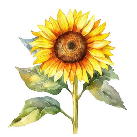 Premium Photo | A watercolor painting of a sunflower with green leaves.