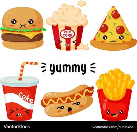 Kawaii yummy fast food characters collection Vector Image