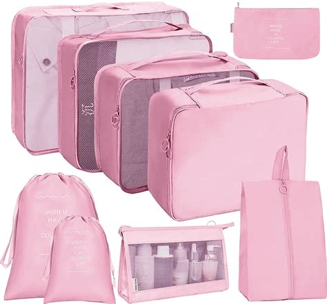 9 Set Pink Packing Cubes Travel Luggage Organizer Packing Bags For