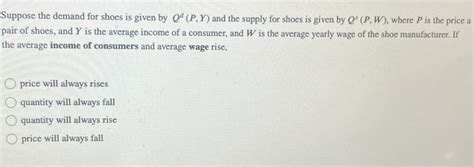 Solved Suppose The Demand For Shoes Is Given By Qd P Y And Chegg