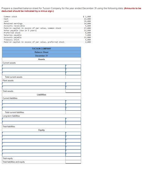 Solved Prepare A Classified Balance Sheet For Tucson Co