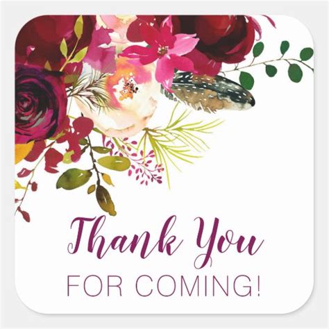 Thank You For Coming Burgundy Floral Favor Square Sticker