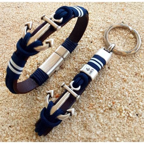 Conjunto Yacht Naval Pulsera Y Llavero Con Cuero Cabo Azul Navy Y