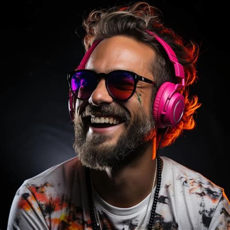 Premium Ai Image Neon Portrait Of Bearded Smiling Man In Headphones