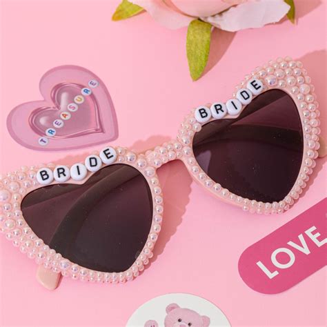 Personalized Bride To Be Sunglasses White Pearl Bachelorette Sunglasses Heart Shaped Hen Party