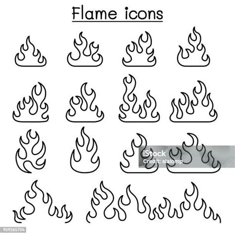 화재 및 불꽃 아이콘 선 스타일 설정 가연성에 대한 스톡 벡터 아트 및 기타 이미지 가연성 개념 날씬한 Istock