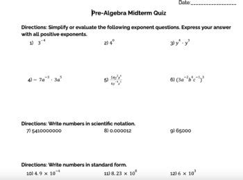 Pre Algebra Mid Term Review Quiz Assessment By Ms Math Miss Tpt