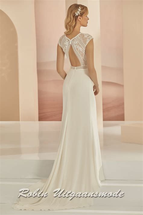 Straight wedding dress with lace bodice with high neckline