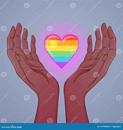 Twee Open Handen Opgetild Met Vasthoudend Regenbooghart Gay Pride Lgbt Concept Realistische