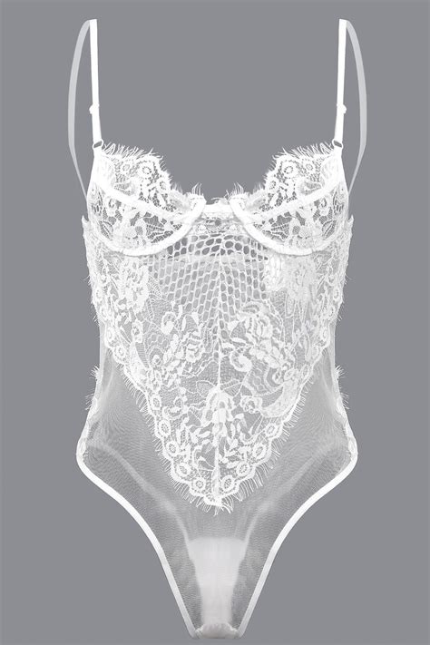 White Sexy Lace Hollow Out See Through Bodysuit With No Falsies