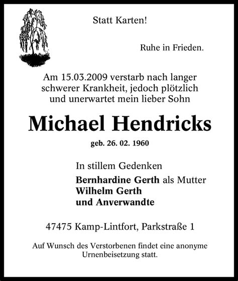 Traueranzeigen Von Michael Hendricks Trauer In Nrw De