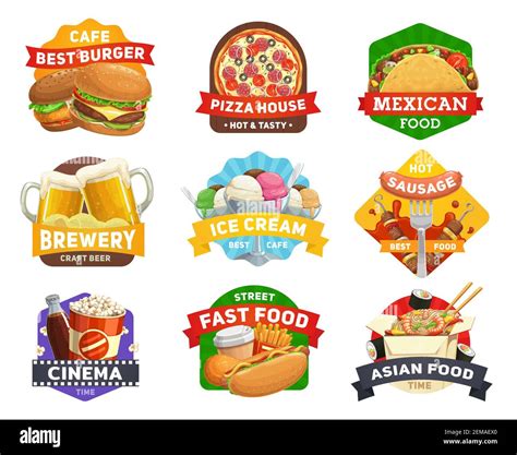 Fast Food Icons Burgers Menu Restaurant Hamburgers Drinks Snacks